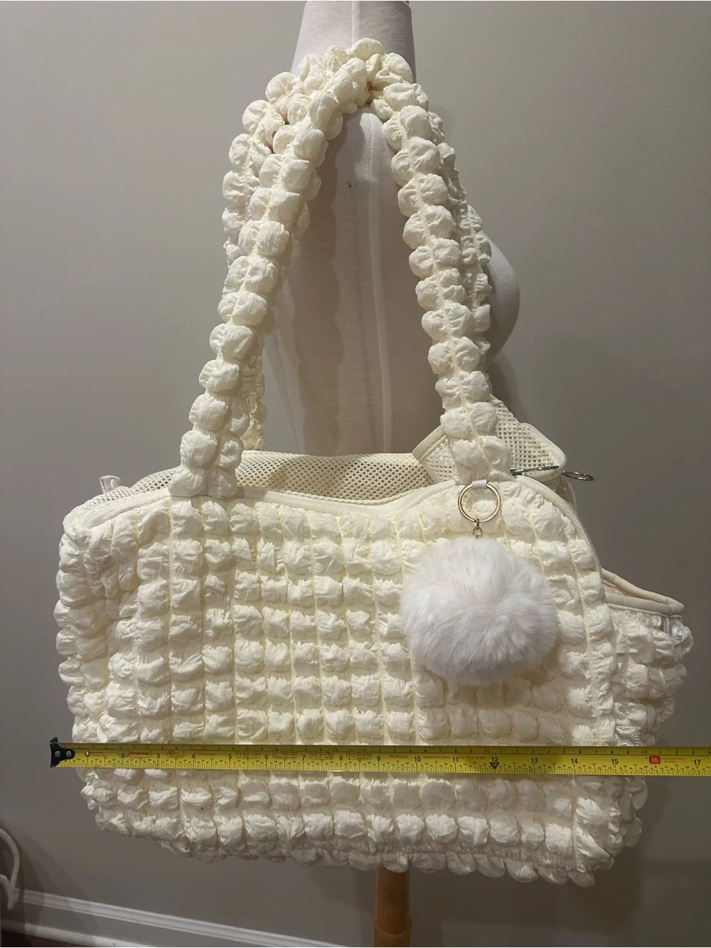 Cream Textured Popcorn Mesh Pet Carrier Tote with Pom Keychain